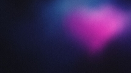Obraz premium Blurred gradient transitioning from deep violet to soft pink, forming a smooth heart shape at the center against a dark navy blue background, noise texture effect