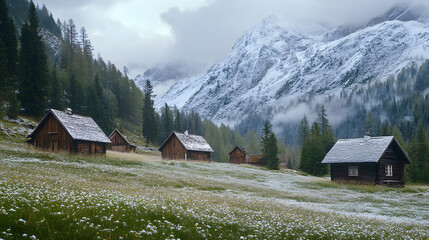 Obraz premium A tranquil alpine meadow at the foot of a snow-dusted mountain with small wooden cabins scattered throughout.