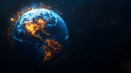  Earth surrounded by glowing connections, symbolizing global connectivity and data transfer between different satellite services across various countries