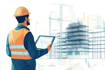Engineer examining construction plans on tablet at site with building framework, cranes in the background, engineering concept