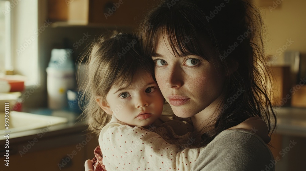 Canvas Prints A Woman Holds a Young Girl in Her Arms, Both Looking at the Camera