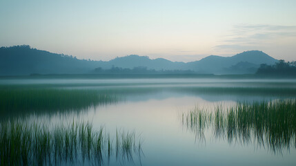 Fototapeta premium A tranquil rice paddy at sunrise with mist rising over the water and distant hills in the background.