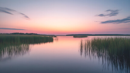 A tranquil river delta with islands of reeds and shallow waters reflecting the pastel colors of the setting sun.