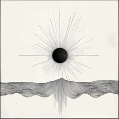 Obraz premium a black and white drawing of a sun over a body of water