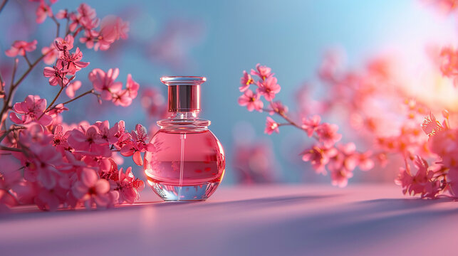 Glass perfume bottle in rose water background. Floral arrangement, splash of water,Transparent glass perfume bottle for branding and label. Eau de toilette. Mockup, spring flat lay.