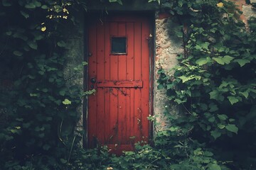 Red wooden door overgrown with green ivy, mysterious entrance, secret garden, vintage home