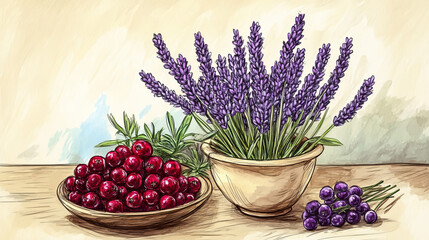 A drawing shows a pot of lavender flowers and a bowl of berries on a wooden table.