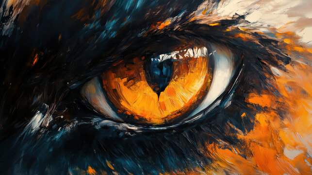A vibrant abstract painting depicting an eye with a bright yellow iris and a black pupil. The eye is painted with thick strokes of oil paint, creating a textured and dynamic effect