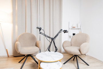 Cozy modern living room setup with two chairs and a unique lamp during the afternoon