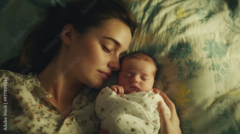 Canvas Prints A Woman Holding a Sleeping Infant in Bed