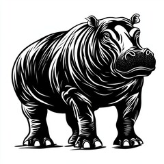 Fototapeta premium Black and white illustration of a hippopotamus standing on a white background.