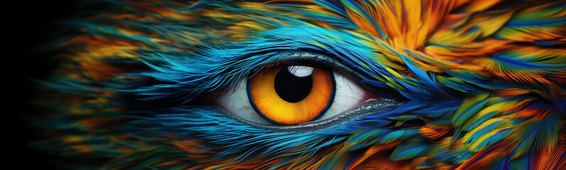 Fototapeta premium Vibrant eye of a fantastical creature captured amidst swirling colors and abstract patterns, showcasing the beauty of imagination