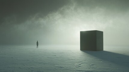 A solitary figure stands before a large, black cube in a foggy, desolate landscape.