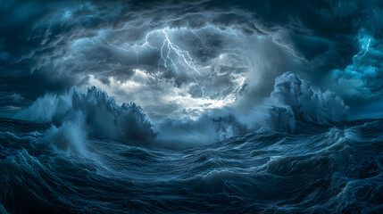 Fototapeta premium A violent hurricane over the open ocean with swirling clouds and towering waves crashing in every direction illuminated by flashes of lightning.