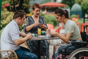 A joyful scene of a boy with Down syndrome, a girl in a wheelchair, and an older woman sharing a fun card game experience outdoors. © qunica.com