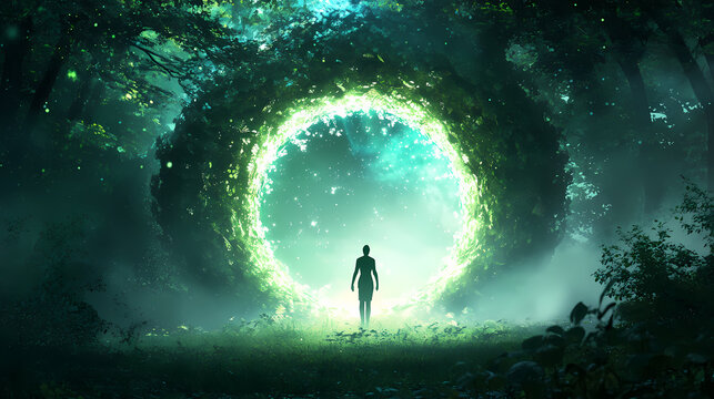 Exploring nature gate teleport portal in forest walking into a parallel universe for interstellar travel and cosmic adventure. Teleportation. Illustration