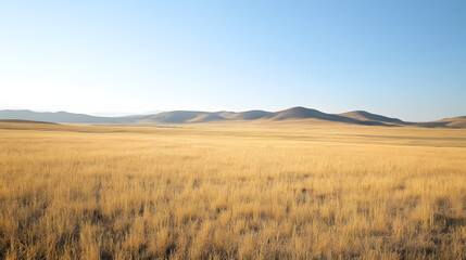 Fototapeta premium A wide-open prairie with golden grass swaying in the wind and distant hills under a clear sky.