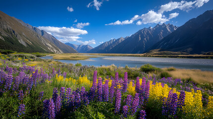 A wide valley flanked by towering mountains with a river flowing through fields of wildflowers under a bright blue sky.
