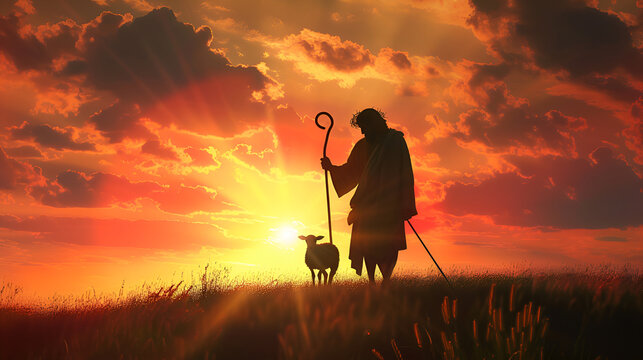 Jesus Christ as a shepherd caring for a single missing lamb in silhouette