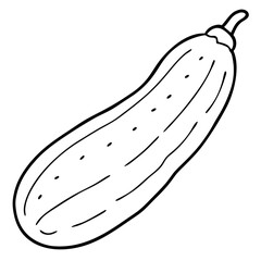 A cucumber is drawn in black and white. The cucumber is long and thin, with a green stem at the top. The drawing is simple and clean, with no other elements or distractions