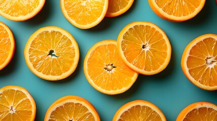 Fototapeta premium Fresh orange slices arranged on turquoise background, vibrant and juicy, perfect for citrus banners, food photography, or healthy eating marketing with copyspace 
