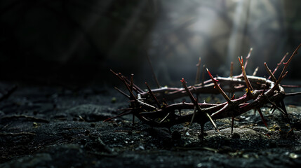 Jesus' crown of thorns on a dark background with copy space against a window light, suitable for a Christian background or an Easter concept