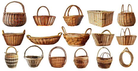 Various handwoven wicker baskets isolated on transparent background