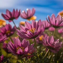 Obraz premium Flowers Cosmos in the meadow, blue sky background. soft and select focus
