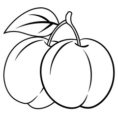 A drawing of two plums with a leaf on top. The plums are shown in a close up and are the main focus of the image