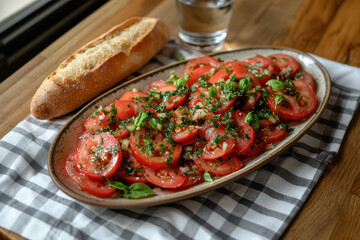 A tomato salad on an oval plate, on a and white checkered tablecloth, with a baguette bread next to it, a water glass in the background.