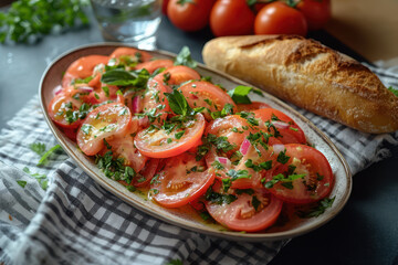 A tomato salad on an oval plate, on a and white checkered tablecloth, with a baguette bread next to it, a water glass in the background.