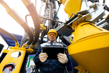 Fototapeta premium Industry operator use computer tablet for control drilling rig for exploration of minerals for oil, gas and artisan water