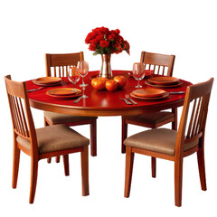 A Red Dining Table with Four Chairs and Red Flowers, Isolated on Transparent Background, PNG