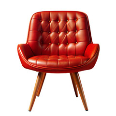 A Red Leather Mid-Century Chair, Isolated on Transparent Background, PNG