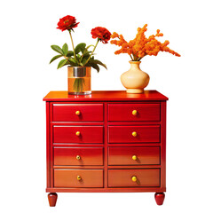 A Red Wood Dresser with Two Pots and Red and Orange Flowers, Isolated on Transparent Background, PNG