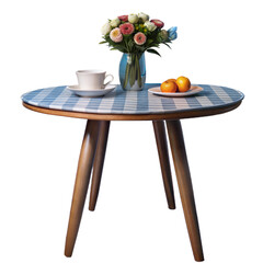 A Table with a Checkered Tabletop, a Cup of Coffee and Oranges on a White Plate, Isolated on Transparent Background, PNG