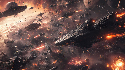 Science fiction space battle war scene with soldiers and spaceships. Space Battle. Illustration
