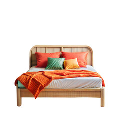 A Wooden Bed with Colorful Bedding, Isolated on Transparent Background, PNG