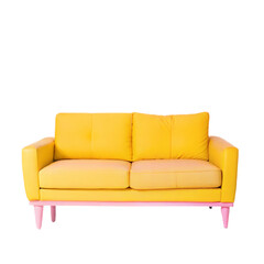 A Yellow Mid-Century Couch, Cozy Sofa, With two Brown Cushions, Isolated on Transparent Background, PNG