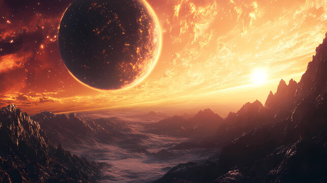 Singularity event horizon, viewed from a terraforming station, twilight, first-person, cosmic threshold. Terraforming. Illustration