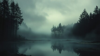 Silhouetted Trees Reflecting in a Foggy Lake