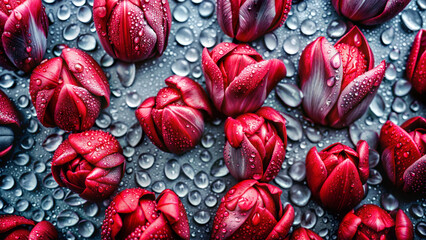 Red tulips in splashes of water on a gray metal background, abstract background