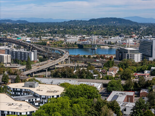 Portland Oregon Skyline Willamette River Downtown Aerial Drone View I-5 Freeway, Buildings, Urban