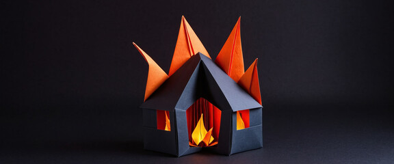 Obraz premium illustrative depiction of a house made of paper that is in flames and fire has broken out