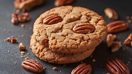 Stack of pecan cookies on black table. Traditional nut and chocolate biscuits, perfect for coffee or tea. Shortbread pastry ideal as sweet snack for breakfast or afternoon treat