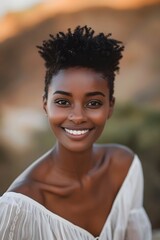 Fototapeta premium Smiling black woman with short hair looking at camera