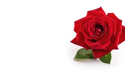 Fototapeta premium Beautiful single red rose flower with leaves side top view isolated on white background with copy space. Naturе object for design to Valentines, mothers day, anniversary. prom date. love and passion