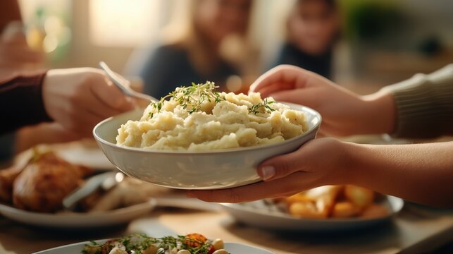 A warm bowl of creamy mashed potatoes served at a family gathering, showcasing comfort food and togetherness around the table.
