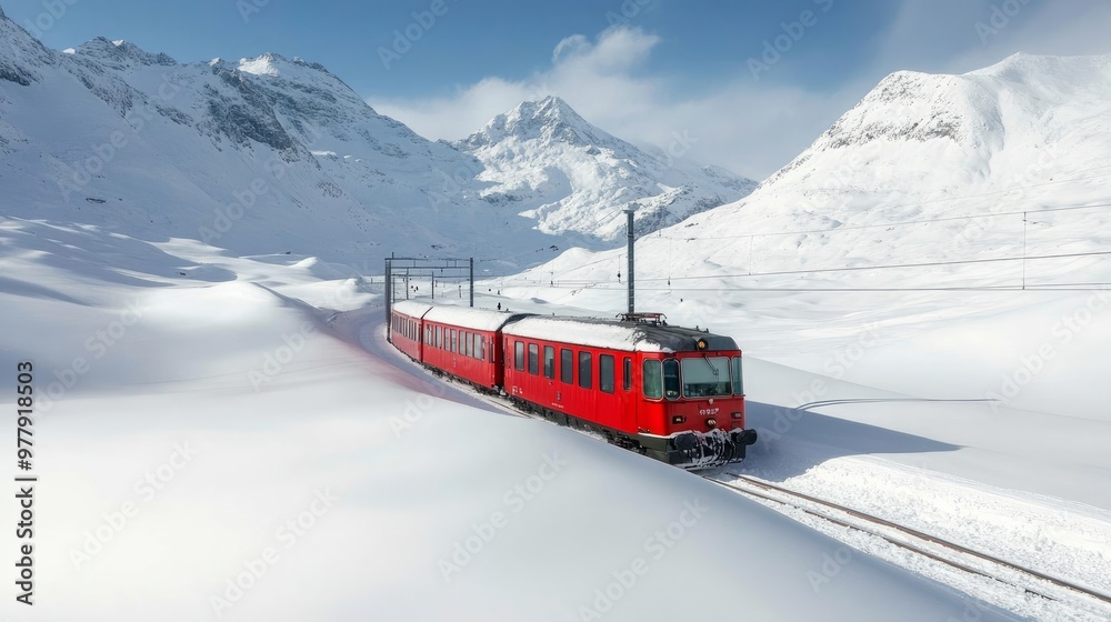 Wall mural switzerland's red swiss train moving through the snow