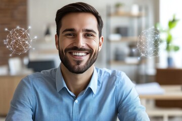 Smiling man in a modern office with digital connections symbolizing leadership success and technological advancement in a professional business environment